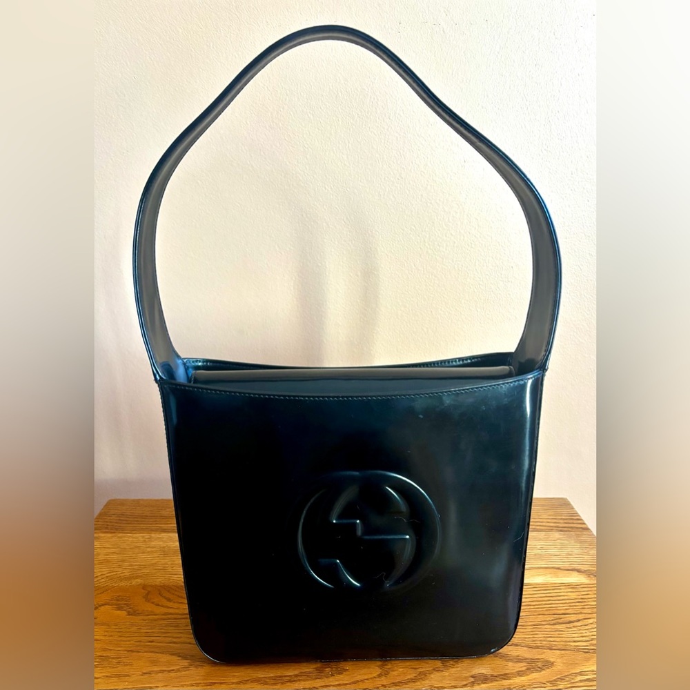 GUCCI VINTAGE BLACK PATENT LEATHER SOHO TOTE. NEWLY CLEANED AND CONDITIONED.
